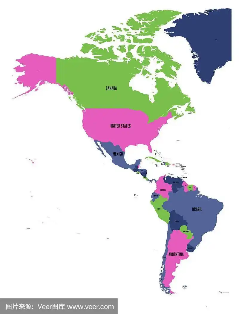 四种颜色的美国政治地图,以白色为背景.北美和南美的国家标签.