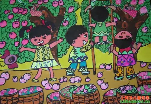 儿童画作品欣赏-苹果园里摘苹果