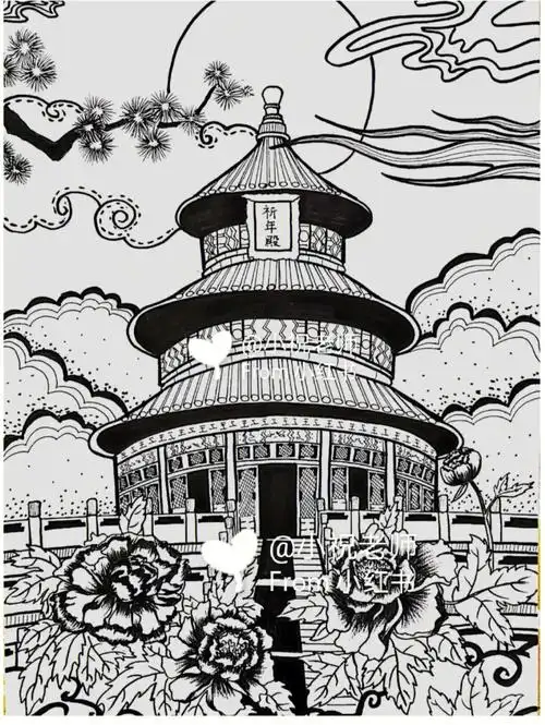 创意少儿美术建筑线描祈年殿绘画