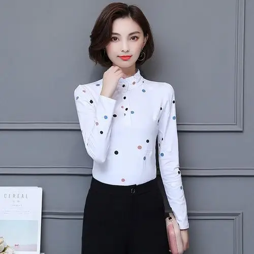 2019秋季新款韩版女装时尚修身显瘦立领长袖印花打底衫t恤女