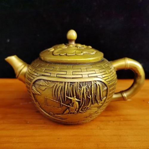 铜茶壶 黄铜浮雕垂钓水壶手工铸造壶图案精美厚重大气容量300毫升