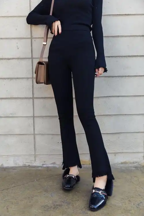 古拉良品2017秋冬新款流苏微喇叭裤高腰九分裤黑色打底裤女紧身裤