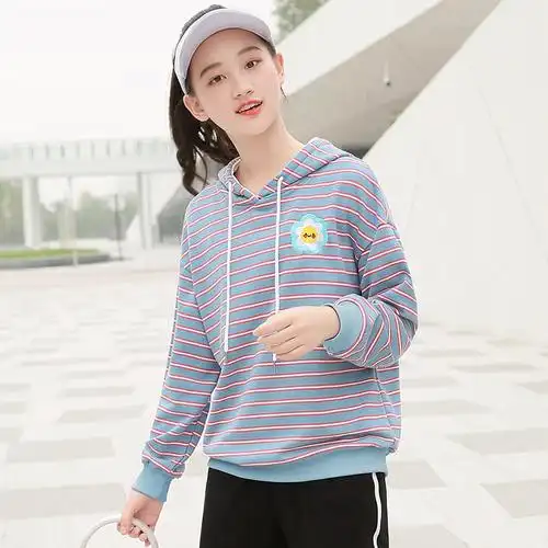 卫衣初中女生秋装新款条纹套头少女韩版纯棉卫衣