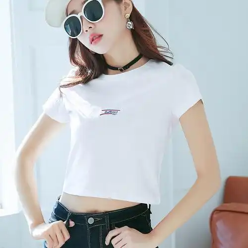 短款上衣女泫雅风夏季露脐短袖小款紧身运动短t恤漏肚脐白色高腰
