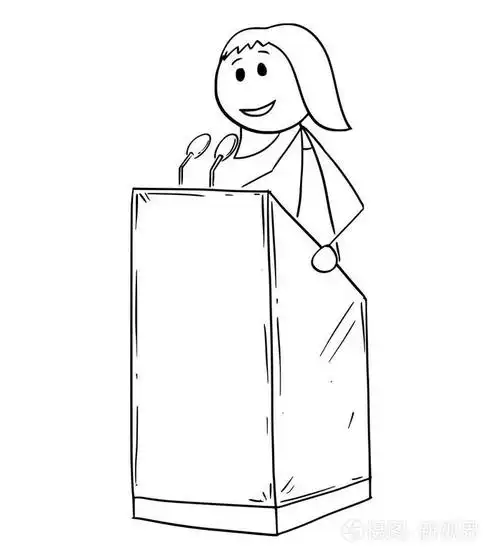 在讲台后面讲台上的女议长或演说家的漫画商人会议