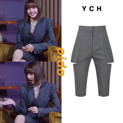 blackpink lisa同款 ych 21早秋新镂空设计高腰及膝长裤韩国代购
