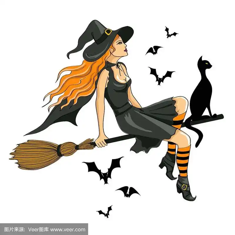 美丽的女巫坐在扫帚上