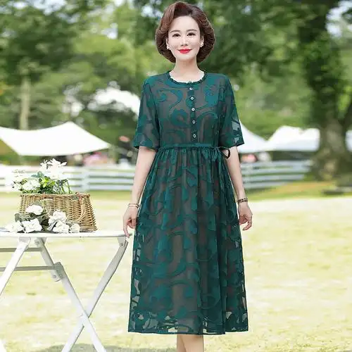 妈妈夏装网纱连衣裙中长款气质50岁中老年春夏季中袖印花雪纺长裙