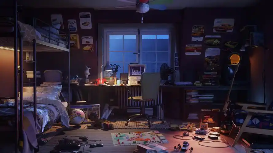 3d场景房间卧室床桌椅电脑窗灯光壁纸