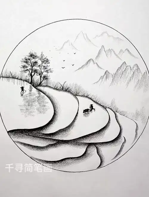 炭笔画 简单几笔画梯田,简单易学有手就会