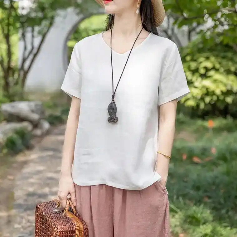 棉麻文艺极简设计v领上衣女短袖宽松百搭纯.30 或将近30的 - 抖音