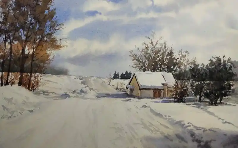 水彩教程~郊外雪景