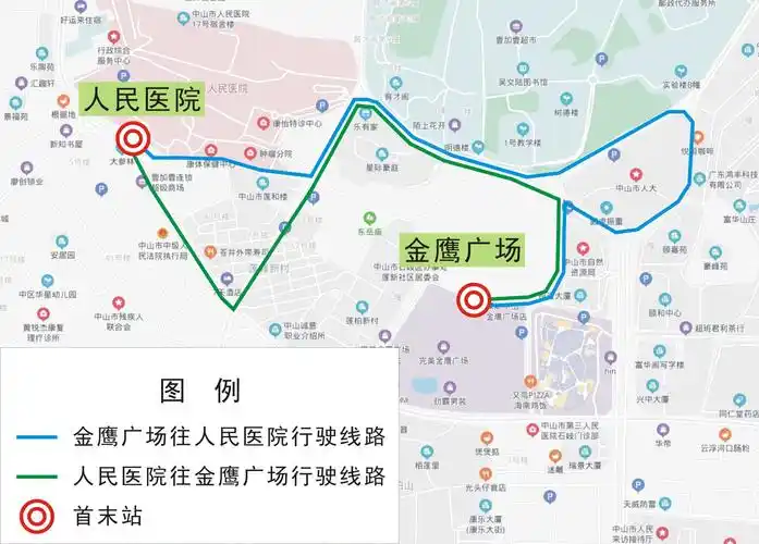 定制公交"人民医院-金鹰广场"路线走向图(转自中山市公共交通运输集团