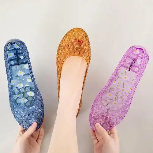 新款水晶包头凉拖鞋女鸟巢透气软底坡跟拖鞋透明防滑复古外穿拖鞋水晶