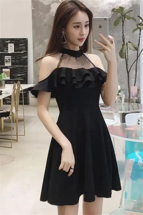 小莫甘娜夏季新款韩版时尚女装性感露背显瘦露肩烫钻黑色连衣裙