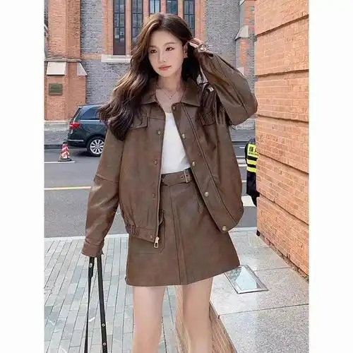咖色皮衣外套女美拉德穿搭春秋2024新款复古港风宽松皮夹克潮皮