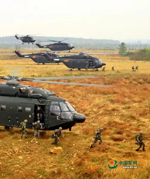 解放军陆航旅武直掩护直8机动作战