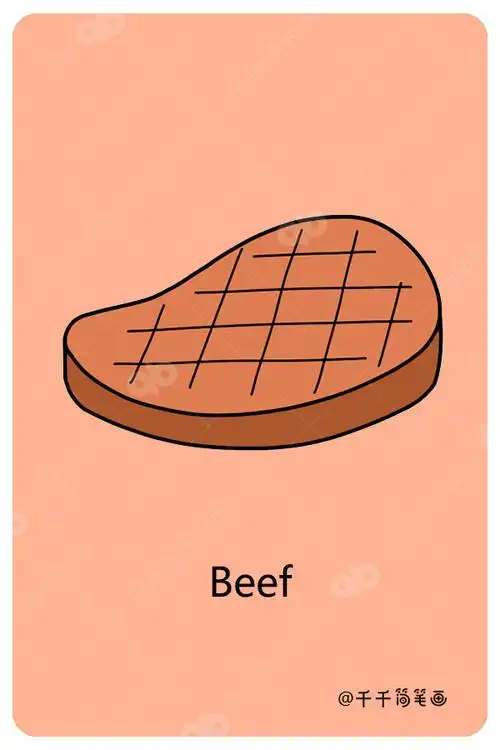 儿童英语词汇认知 牛肉beef_水果食物英文认知简笔画