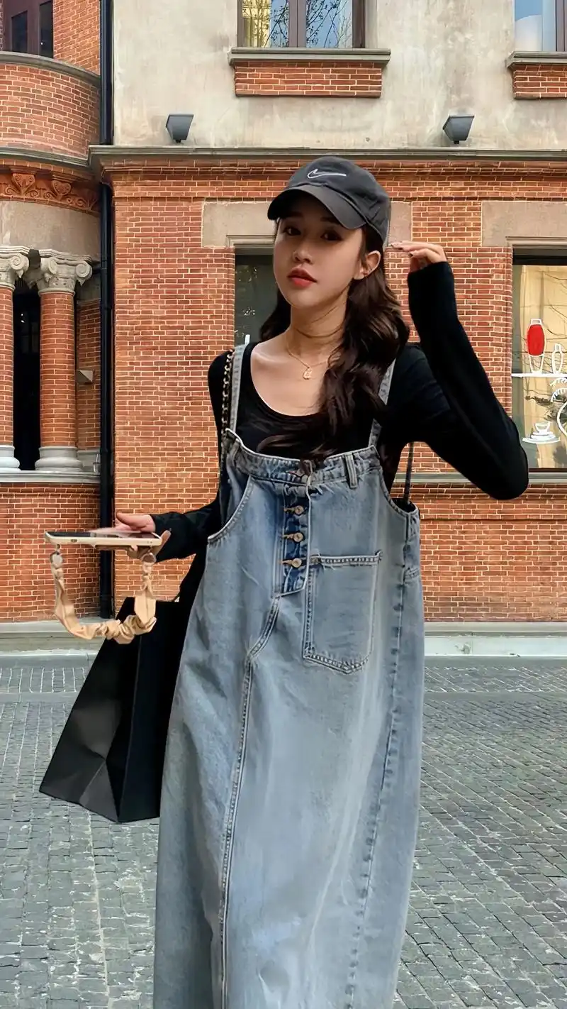 港风复古牛仔背带裙女春夏