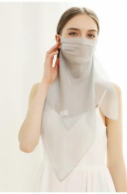 杭丝路真丝口罩女纯色防晒面纱女面罩冰丝巾遮全脸护颈一体薄款夏天