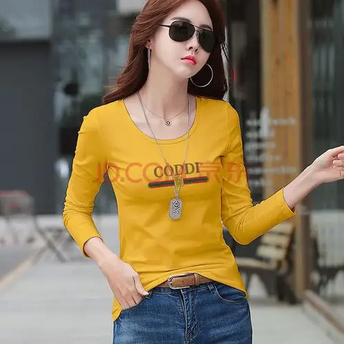 2019新款春季长袖t恤女上衣纯白修身外穿体恤印花百搭打底衫 荧光黄