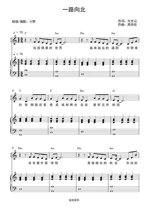 一路向北(和弦弹唱版)钢琴谱-c调-虫虫钢琴