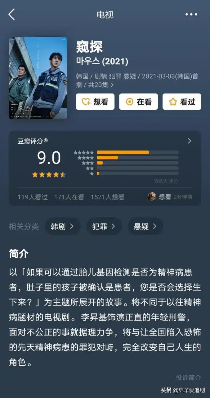 吓到我了,才更新第一集的韩剧《窥探|mouse》豆瓣居然开分了,居然高达