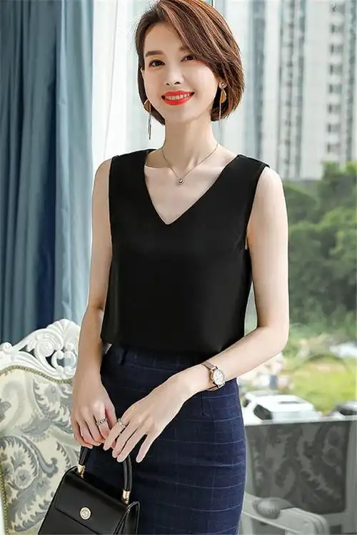 春夏打底衫无袖背心女外穿潮白色西装内搭女简约黑色雪纺韩版小衫