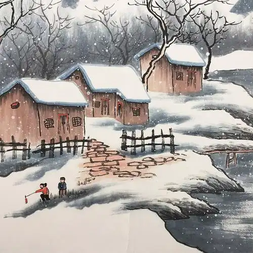 瑞雪兆丰年斗方手绘雪景山水画国画餐厅酒店办公室字画国画