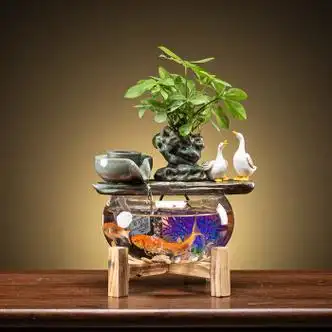 莎庭创意流水客厅桌面圆形循环生态中式开业礼 石墨(蓝)流水鱼缸 天鹅