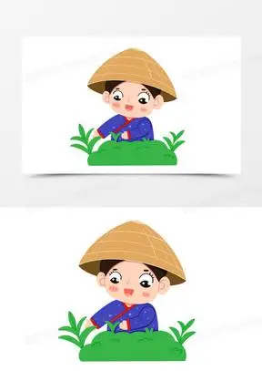 卡通手绘带斗笠小女孩在茶园采茶免抠元素