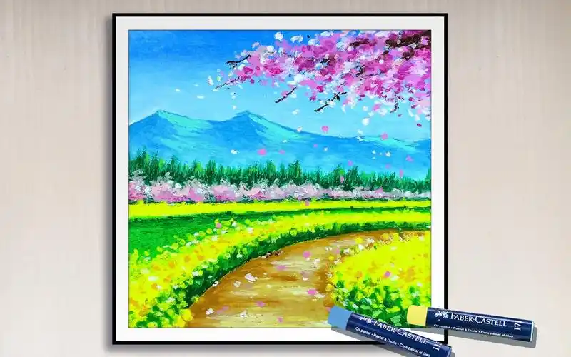 油画棒风景-用油画棒画春天的田园小径风景,完整手绘过程分享