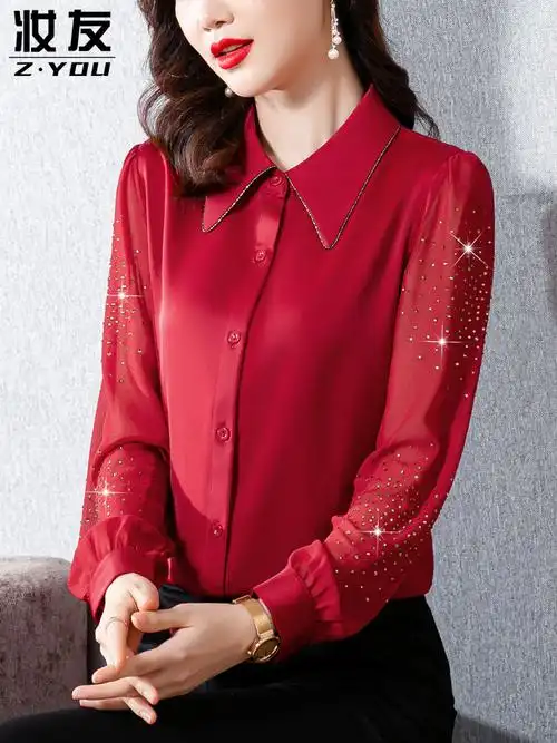 真丝衬衫女宽松上衣春装2022年新款长袖本命年红色女士内搭衬衣