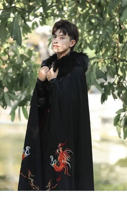 汉服斗篷披风男冬季绣花古装武侠中国风加长毛呢帅气秋冬保暖外套 正