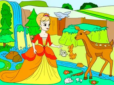 白雪公主在树林里和动物们在一起.