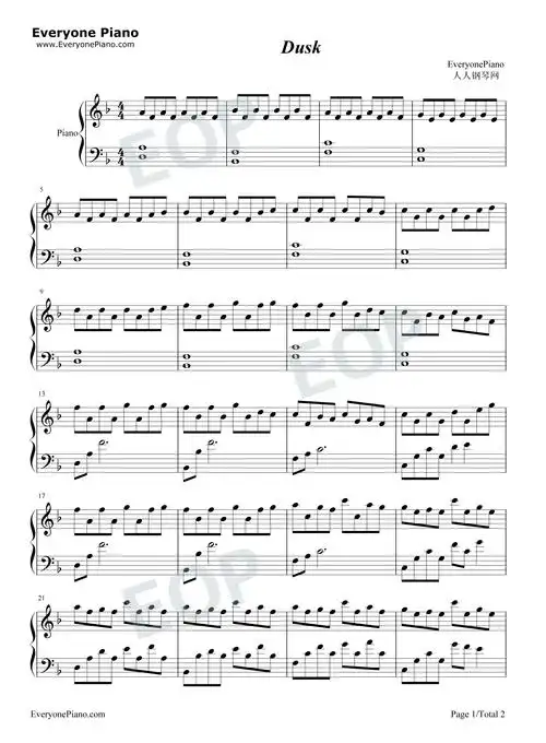 dusk原版-80000-钢琴谱文件(五线谱,双手简谱,数字谱,midi,pdf)免费