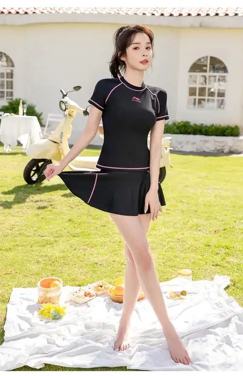 李宁lining泳衣女士分体游泳衣防晒遮肚时尚保守泳装沙滩分体裙式两件