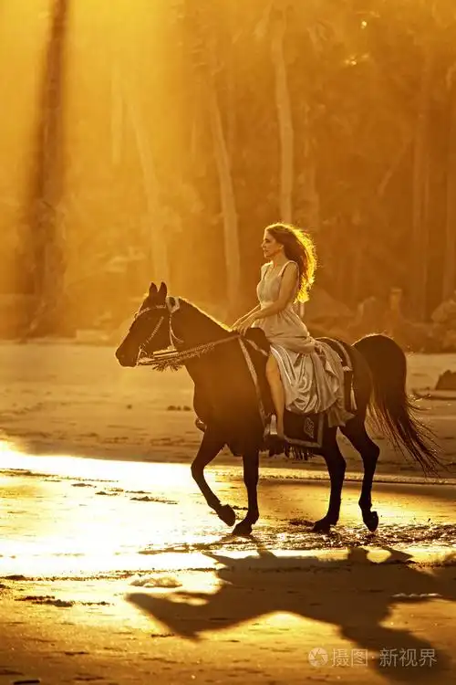 在海滩上骑马的背光女人