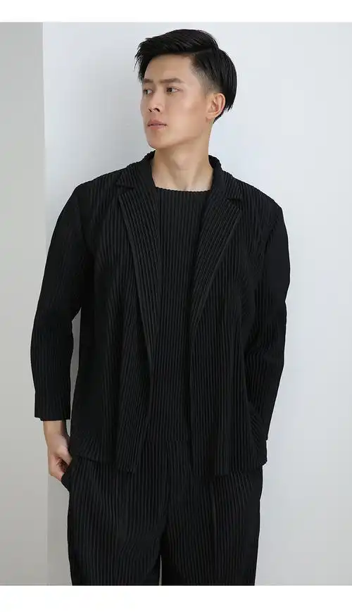 三宅一生褶皱单排扣西服jd202春秋季纯色基础款宽松男士休闲西装外套