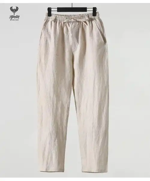 国潮男装联名jg亚麻裤男宽松大码棉麻六分裤男士中国风男裤麻料裤子