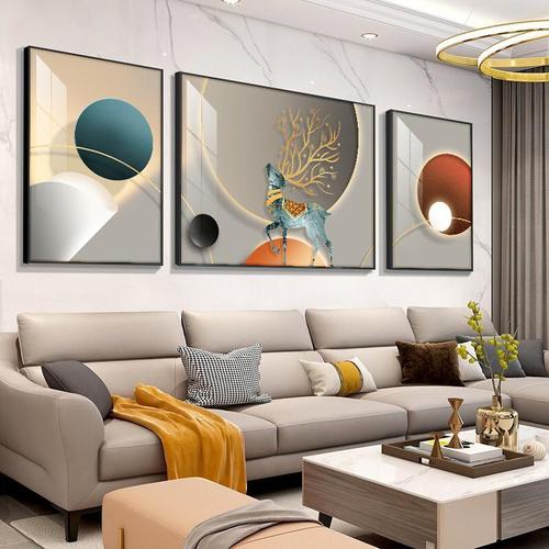 客厅装饰画现代轻奢沙发背景墙后面挂画北欧风三联画福鹿晶瓷壁画