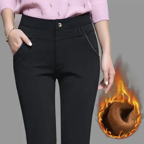 中年女裤妈妈加绒裤子秋冬装外穿高腰弹力直筒大码加厚中老年长裤