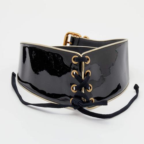 普拉达prada女士腰带|black patent leather corset waist belt 75 cm