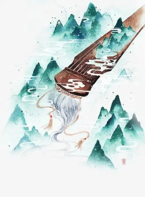 唯美古风手绘琴插画 免抠 作图素材 封面