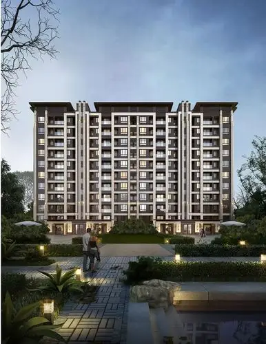 登封嵩岳府,以新中式风格为特色,外立面以米色和深棕色为主,将亚洲