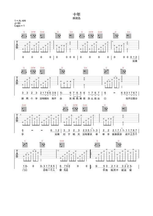 十年吉他谱-陈奕迅-g调-《十年》高清原版六线谱