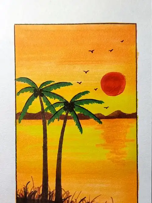 用马克笔画简单的夕阳小风景,超治愈哦