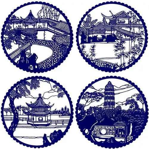 热卖高清建筑风景手工剪纸素材苏州园林西湖刻纸打印底稿梅兰竹菊图样