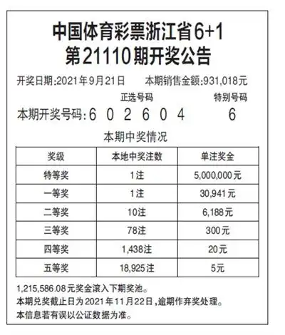 中国体育彩票浙江省6 1 第21110期开奖公告