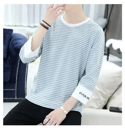 夏季新款男士七分袖t恤男式修身中袖体恤韩版上衣服潮流时尚男装